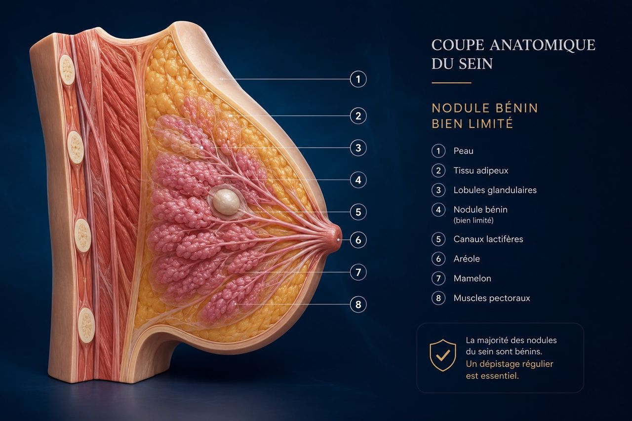 Coupe anatomique du sein — adénofibrome représenté comme nodule bénin bien limité au sein du tissu glandulaire