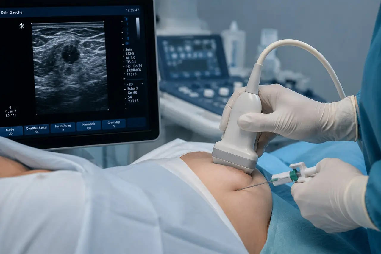 Biopsie percutanée du sein guidée par échographie — sonde et aiguille en temps réel