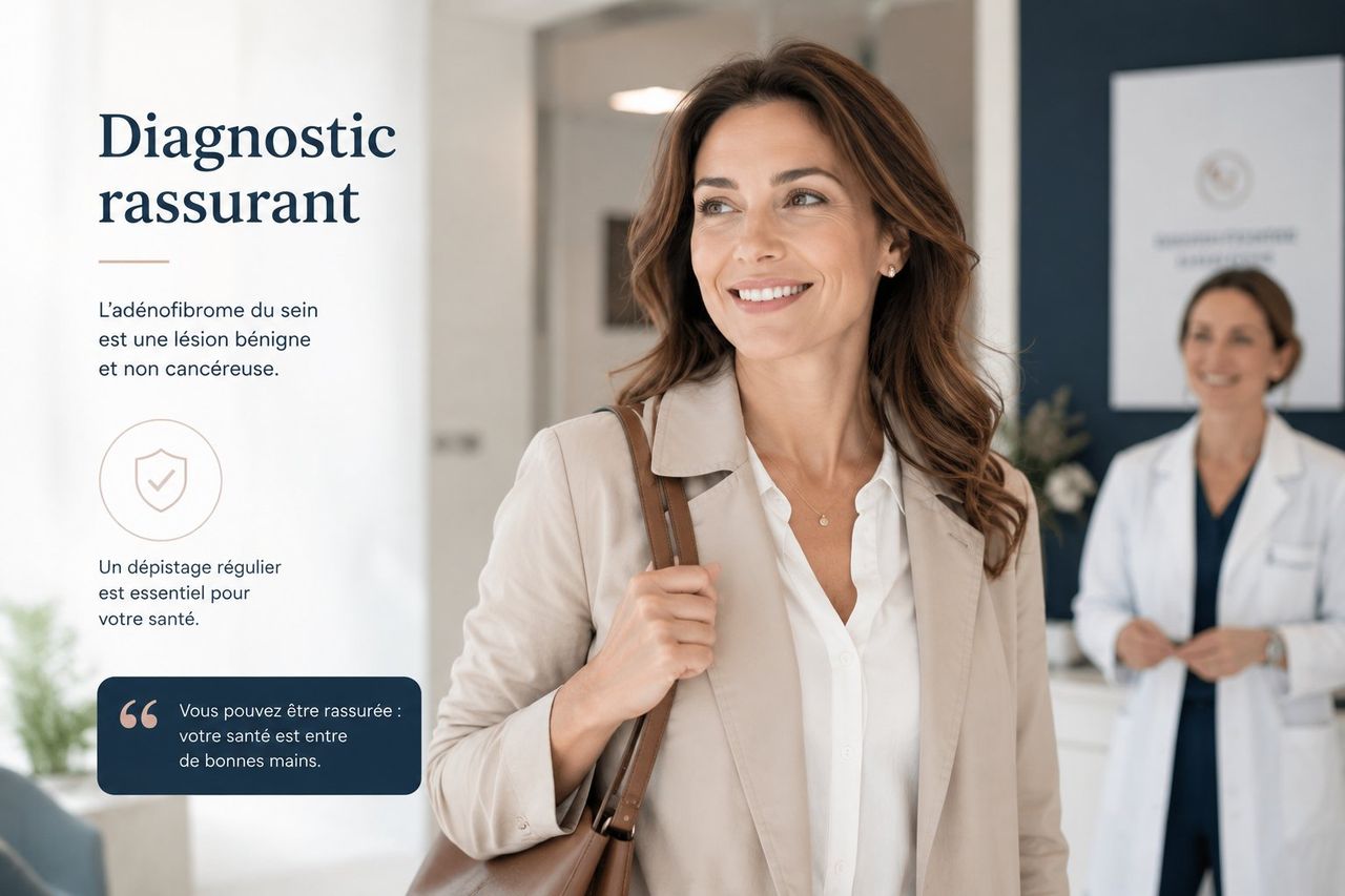 Patiente sereine après consultation — l'adénofibrome est une lésion bénigne, le suivi est simple et rassurant