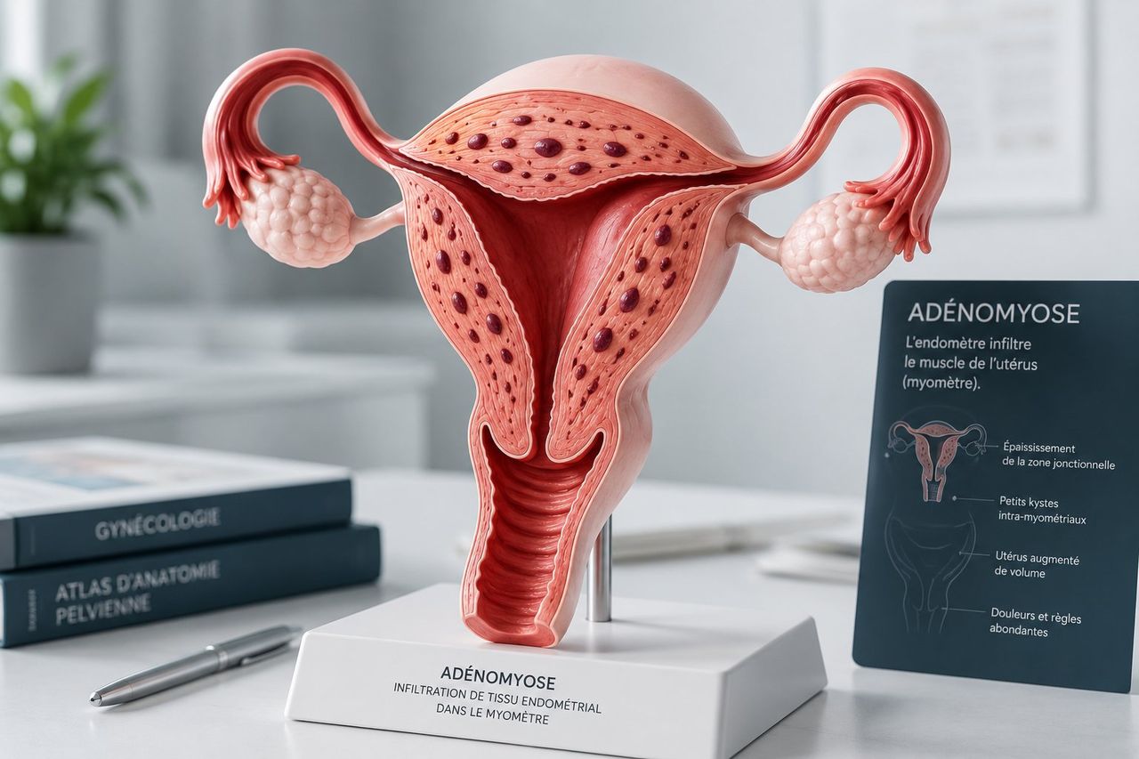 Schéma comparatif d'un utérus normal et d'un utérus atteint d'adénomyose — paroi homogène versus cellules de l'endomètre infiltrant le myomètre