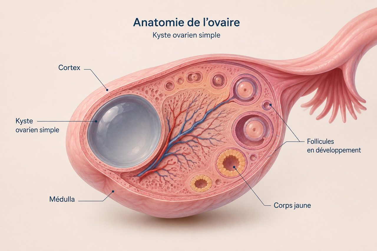 Anatomical diagram of the ovary and an ovarian cyst — Dr Jérémie Zeitoun