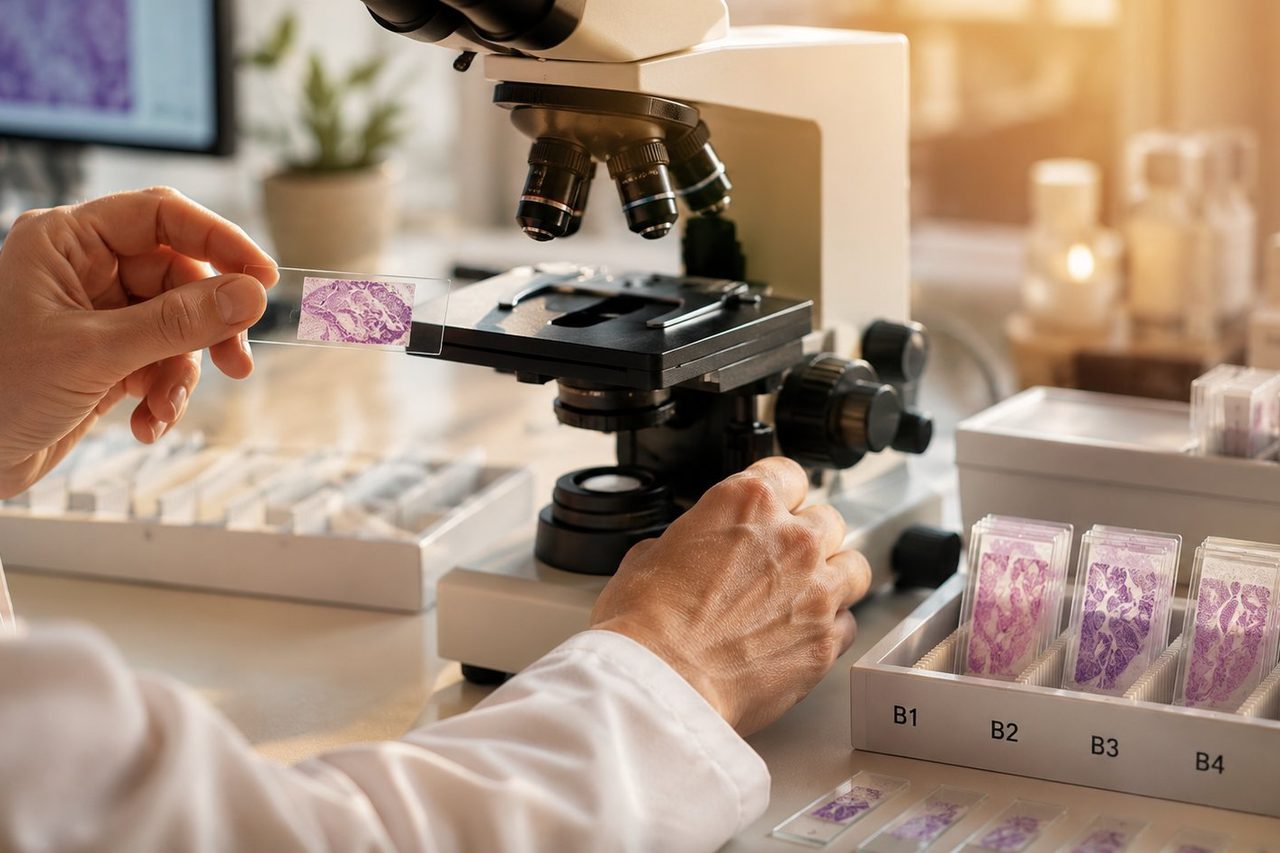 Analyse anatomopathologique au microscope : lames de biopsie mammaire classées de B1 à B5