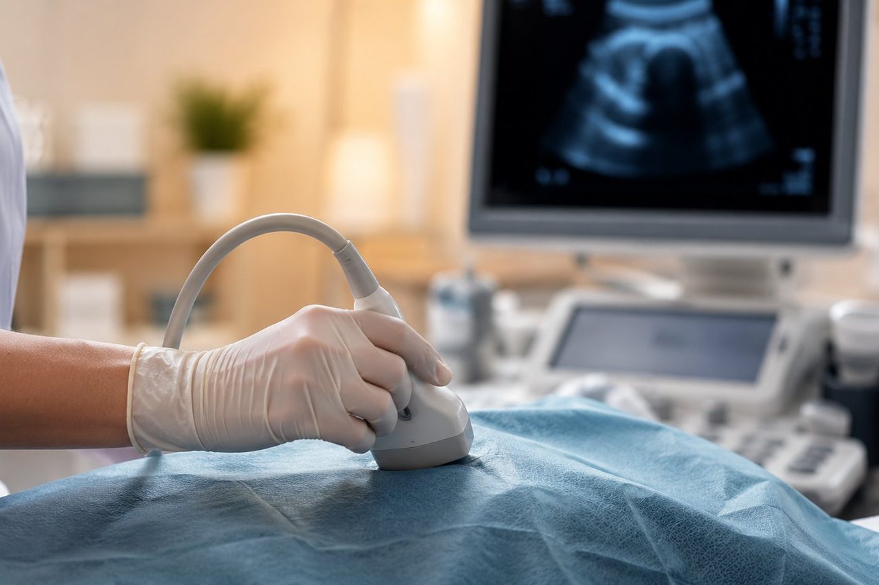 Biopsie mammaire échoguidée : sonde d'échographie et écran de repérage en cabinet de sénologie