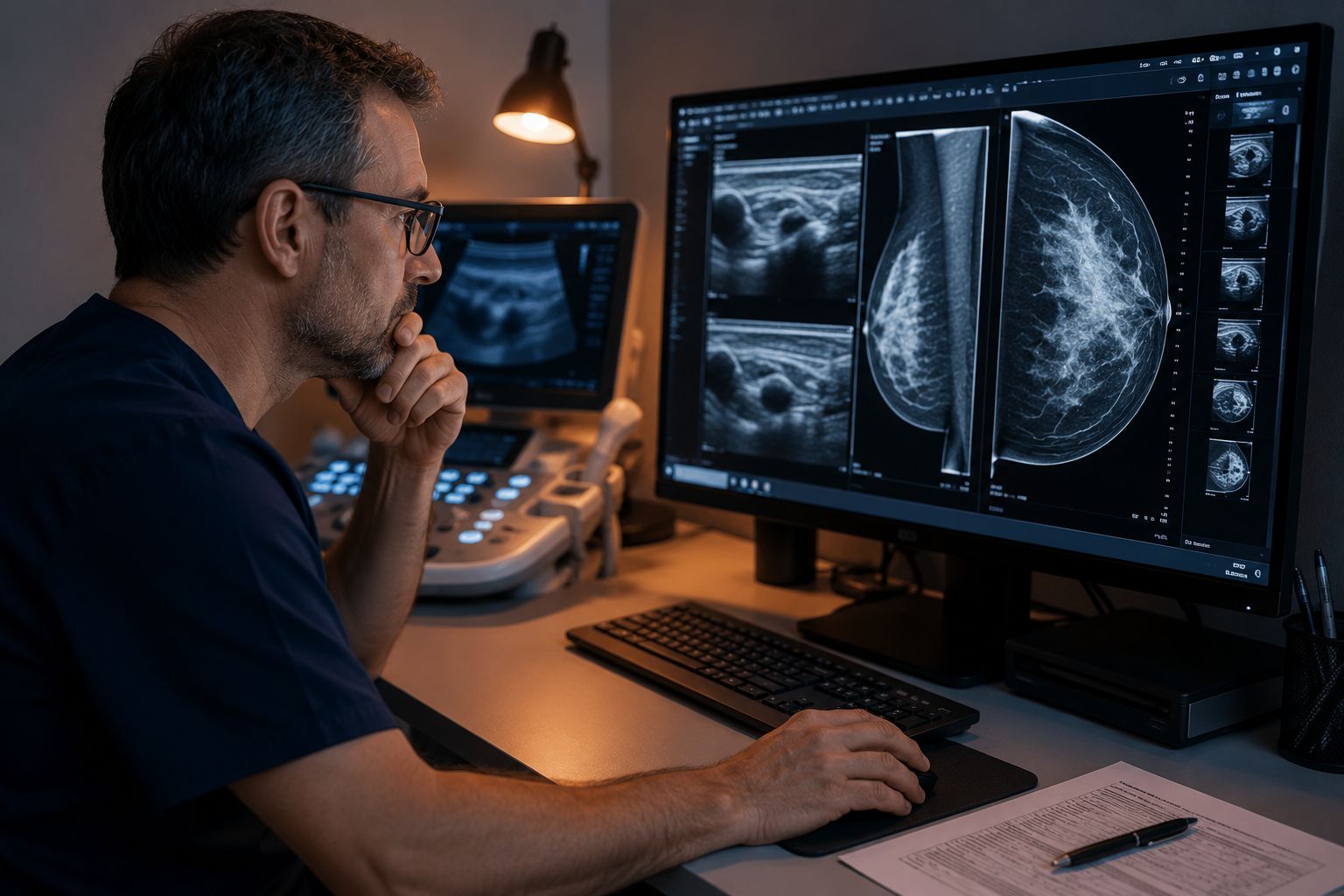Diagnostic du cancer du sein chez l'homme : mammographie et échographie d'une masse rétro-aréolaire, puis microbiopsie pour analyse anatomopathologique — Dr Jérémie Zeitoun Paris
