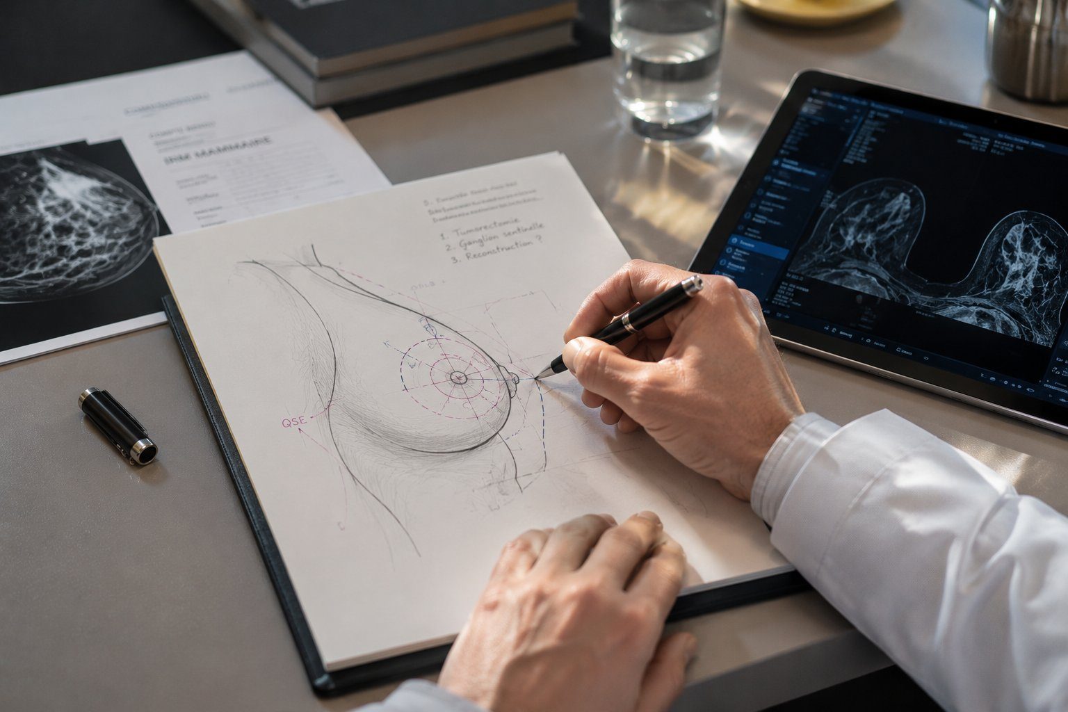 Chirurgien du cancer du sein à Paris — dessin anatomique du sein lors de la planification opératoire