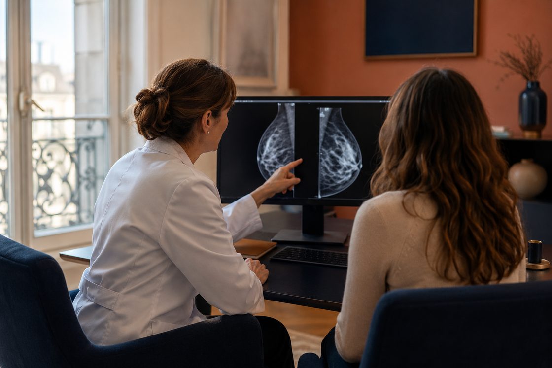Médecin expliquant une mammographie à une patiente dans un cabinet à Paris