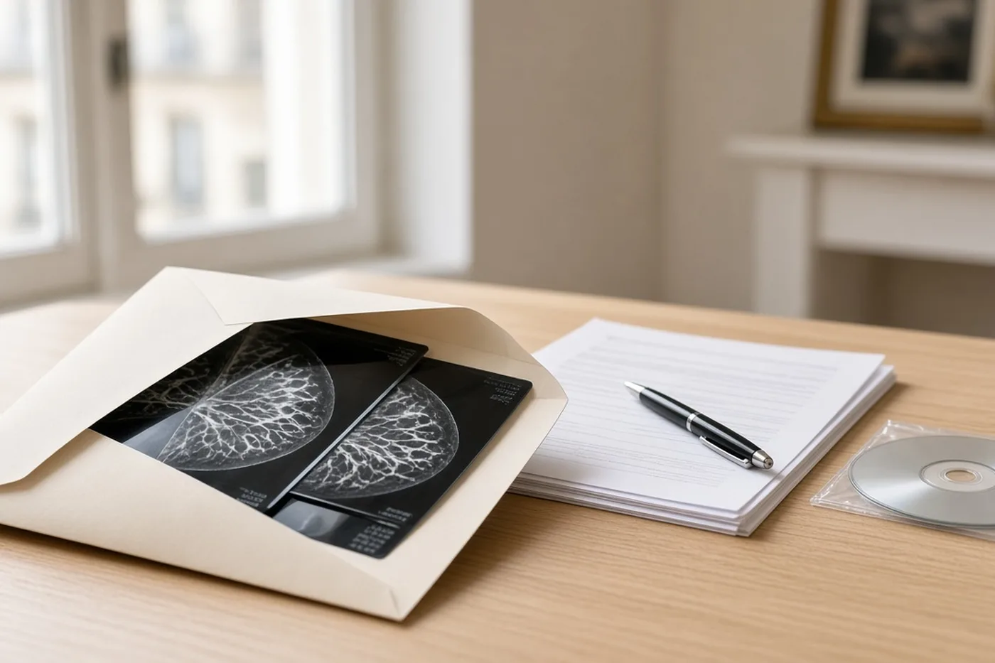 Mammogram films, reports and an imaging CD on a desk.