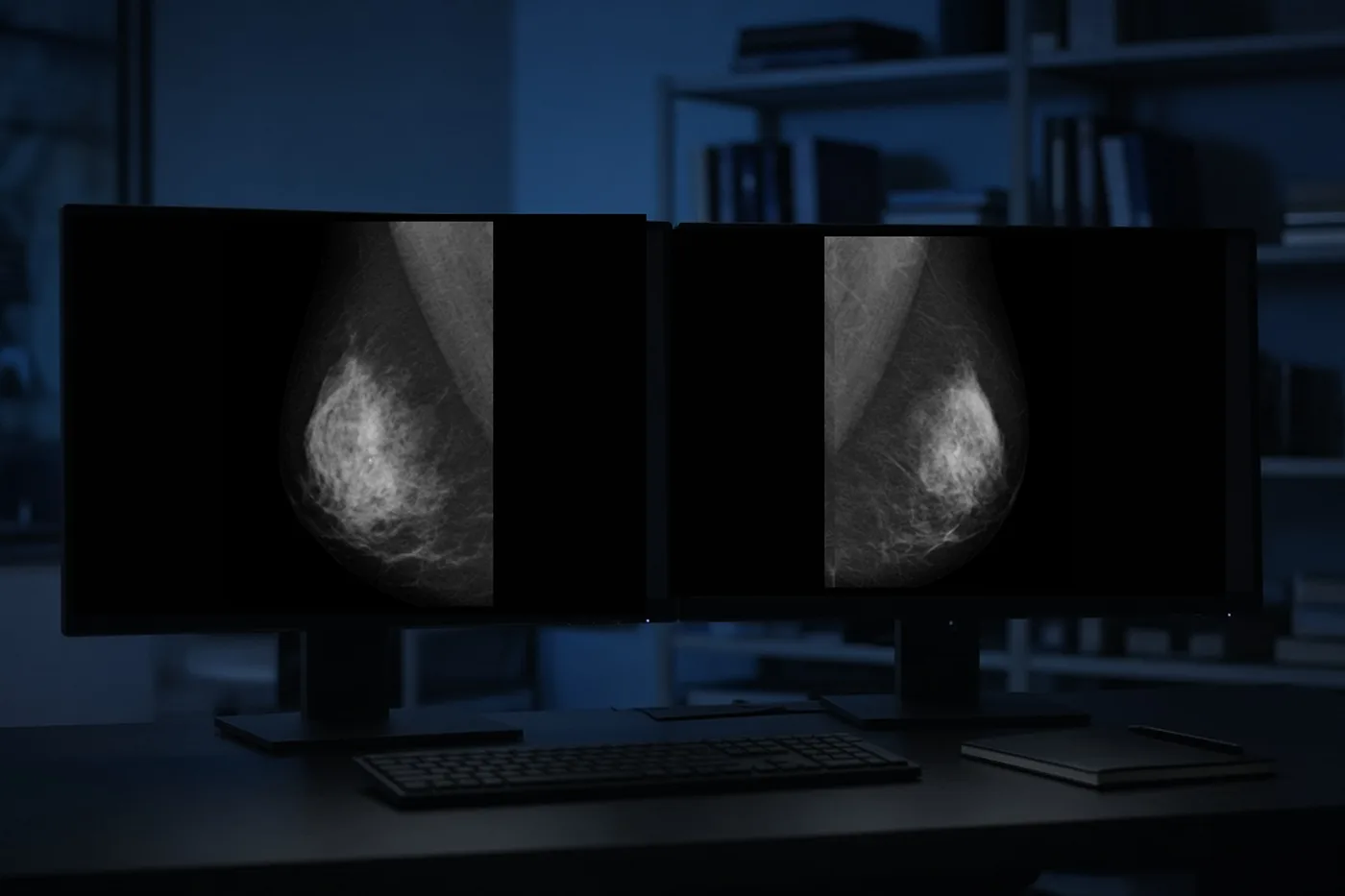 Two screens displaying a mammogram in a radiology reading room.