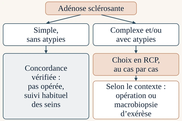 Schéma de décision : adénose sclérosante simple sans atypies, concordance vérifiée, pas opérée, suivi habituel des seins ; complexe et/ou avec atypies, choix en RCP au cas par cas, selon le contexte opération ou macrobiopsie d'exérèse.
