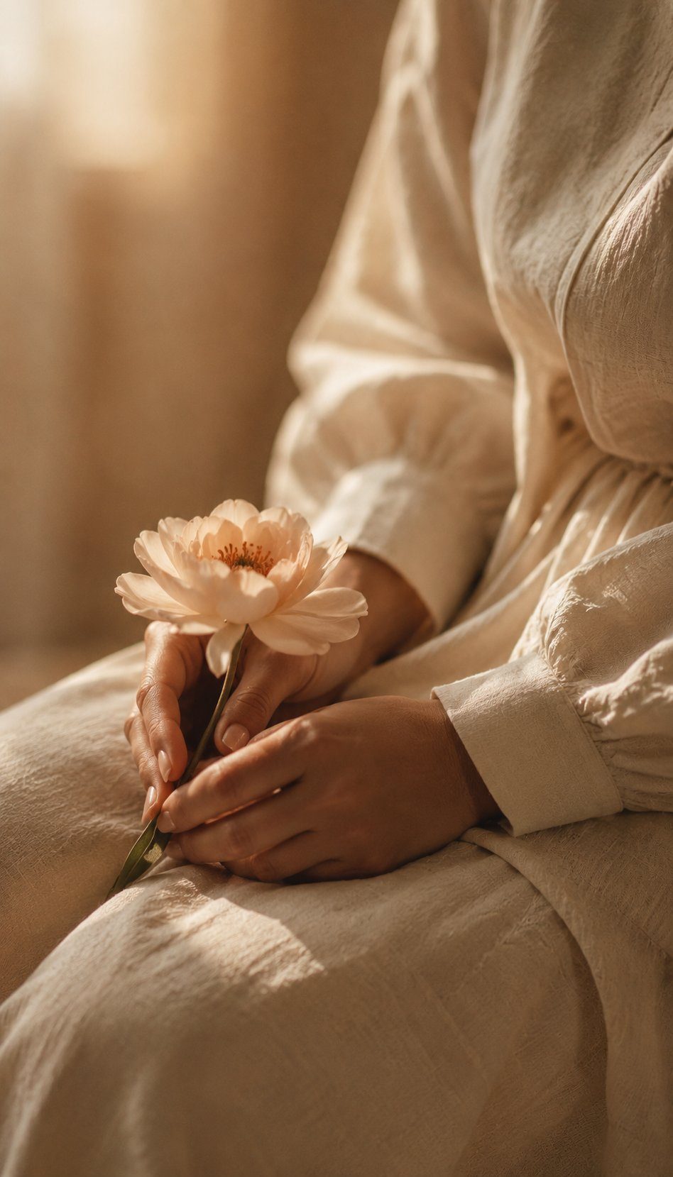 Mains de femme tenant délicatement une fleur — décision médicale partagée, douceur du parcours en consultation gynécologique