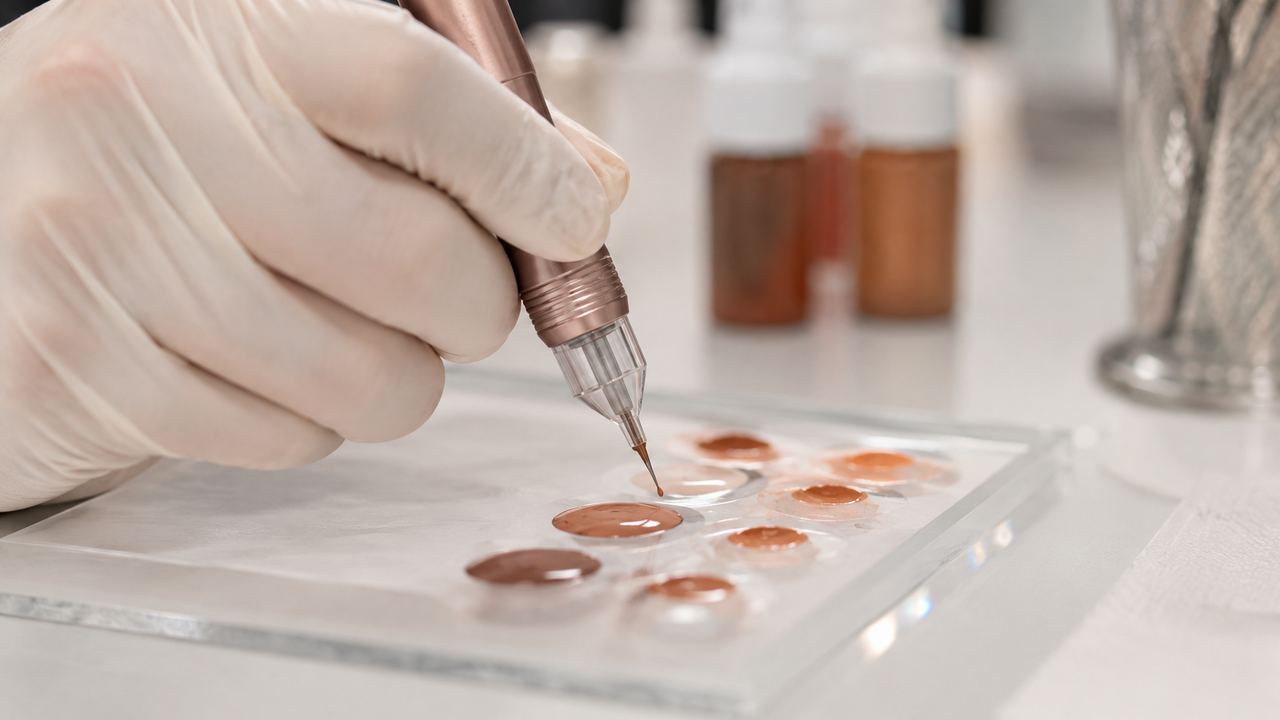 Illustration éditoriale d'une séance de dermopigmentation de l'aréole, ambiance médicale sobre