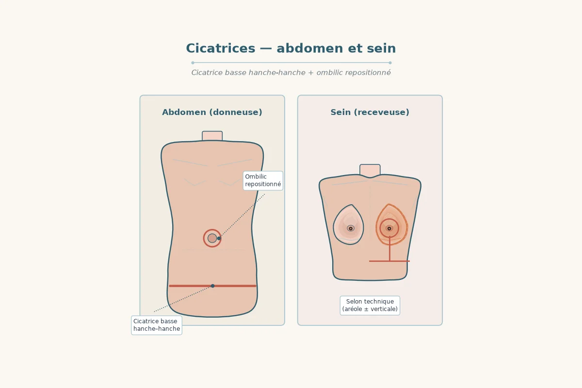 Schéma des cicatrices du DIEP sur le bas du ventre et sur le sein