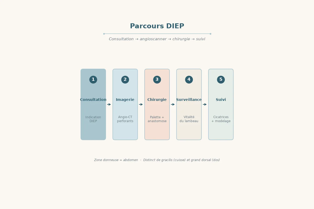 Schéma des étapes du parcours DIEP : consultation, imagerie, intervention, suites