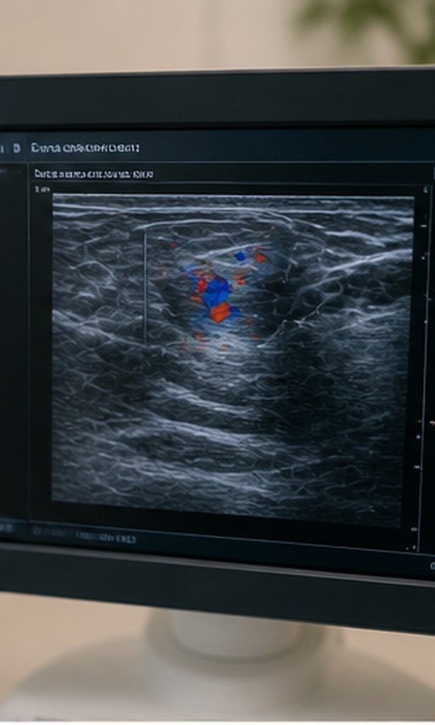 Patiente allongée sur le dos pendant une échographie mammaire — sonde haute fréquence appliquée sur le sein avec gel, image visible à l'écran, suivi Dr Jérémie Zeitoun chirurgien sénologue Paris 8e Clinique Hartmann Neuilly