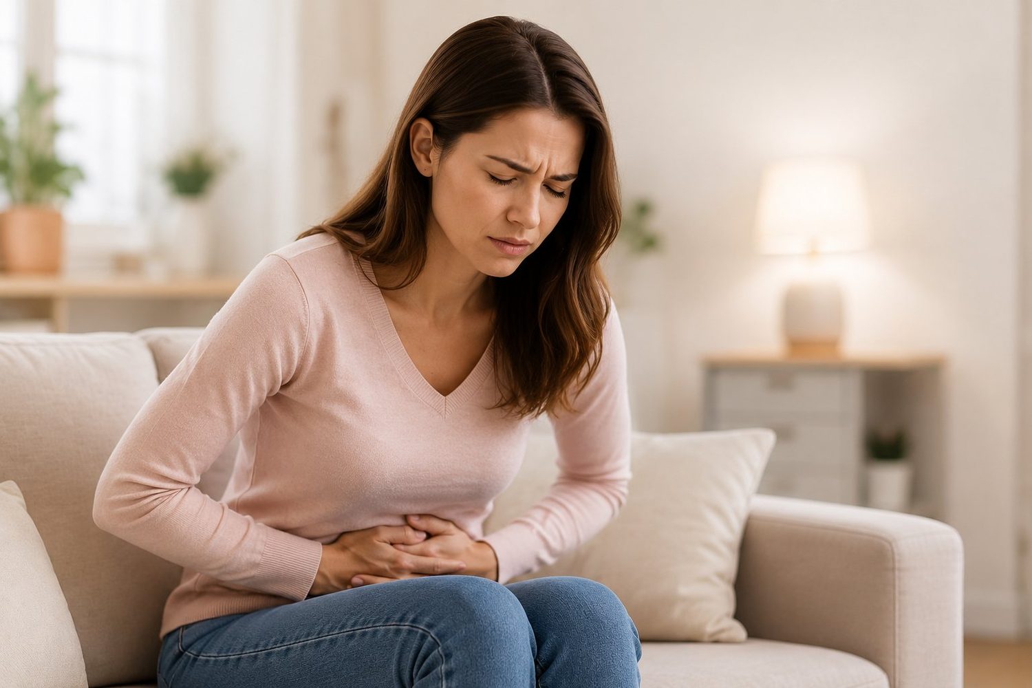 Woman experiencing pelvic pain caused by a uterine fibroid — typical symptoms warranting consultation