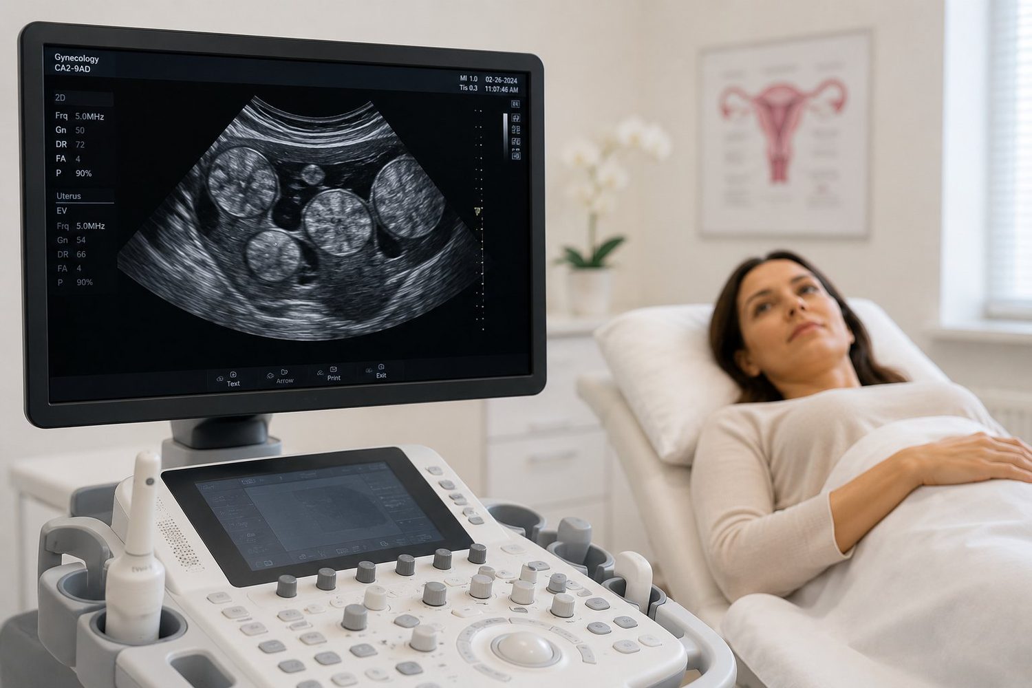 Pelvic ultrasound performed for the diagnosis of a uterine fibroid — first-line painless examination