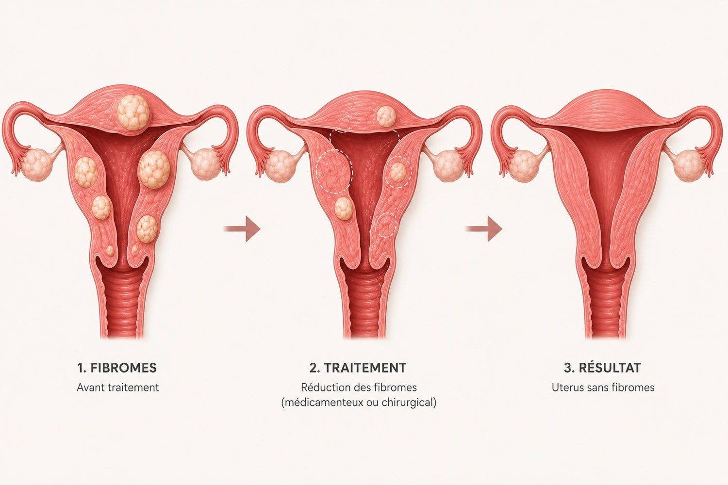 Evolution of a uterus with fibroids before treatment, during medical or surgical treatment, and after — explanatory diagram