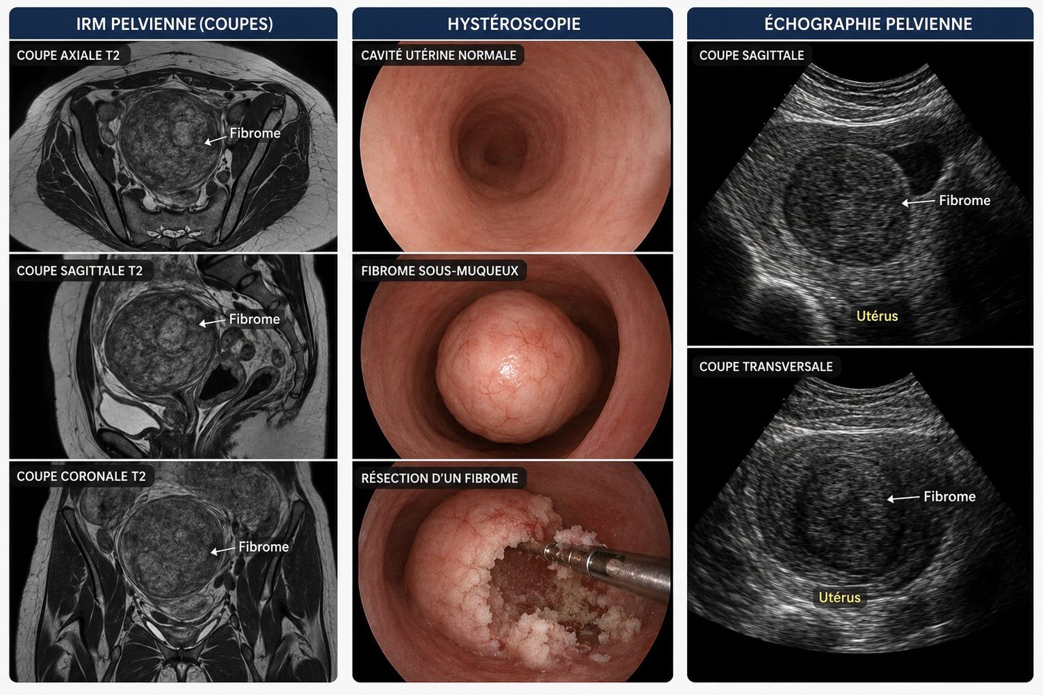 Comparison of imaging tests used to diagnose a uterine fibroid: pelvic MRI (axial, sagittal and coronal T2 sections), diagnostic hysteroscopy (normal cavity, submucosal fibroid, resection) and pelvic ultrasound (sagittal and transverse sections)