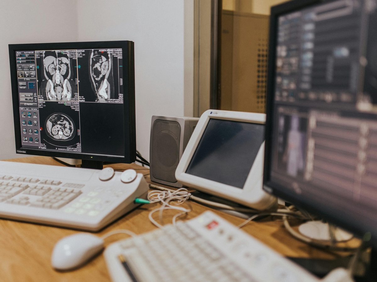 Radiology reading station to interpret a pelvic MRI or CT scan during a uterine fibroid work-up