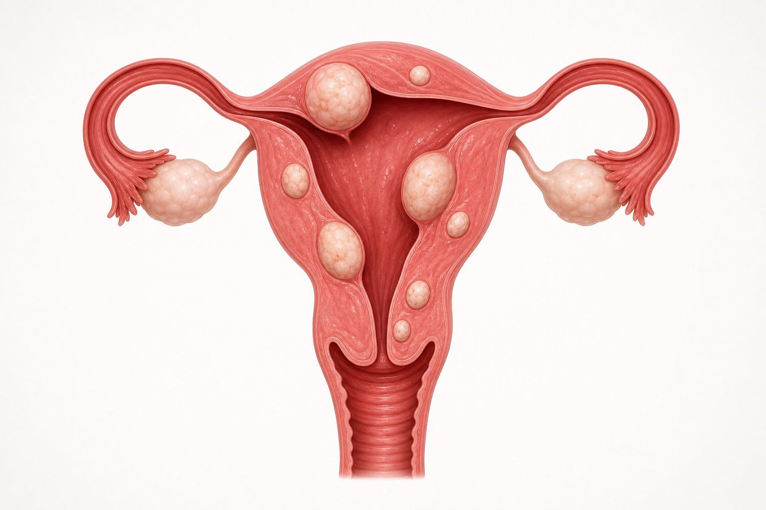 Anatomy of a uterus with fibroids — illustration of the different locations within the uterine wall