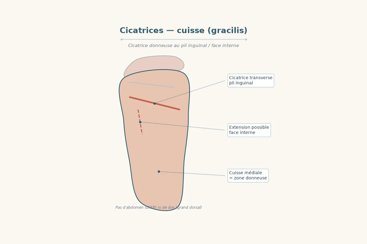 Diagram of scars in the groin crease and inner thigh