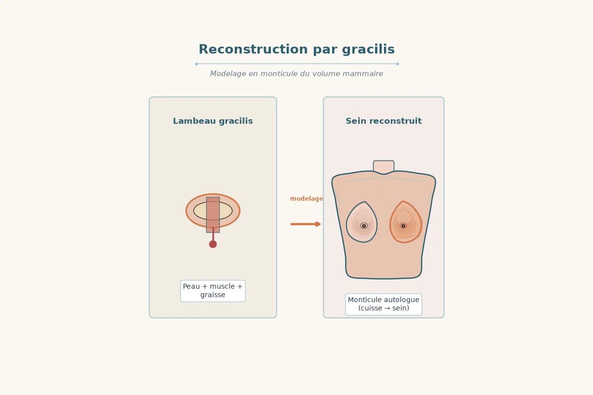Schéma du lambeau de cuisse modelé pour reconstituer le sein