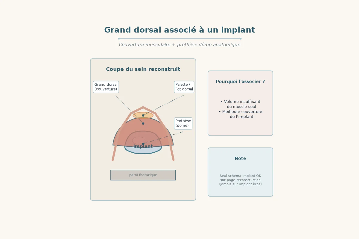 Schéma du lambeau de grand dorsal associé à une prothèse