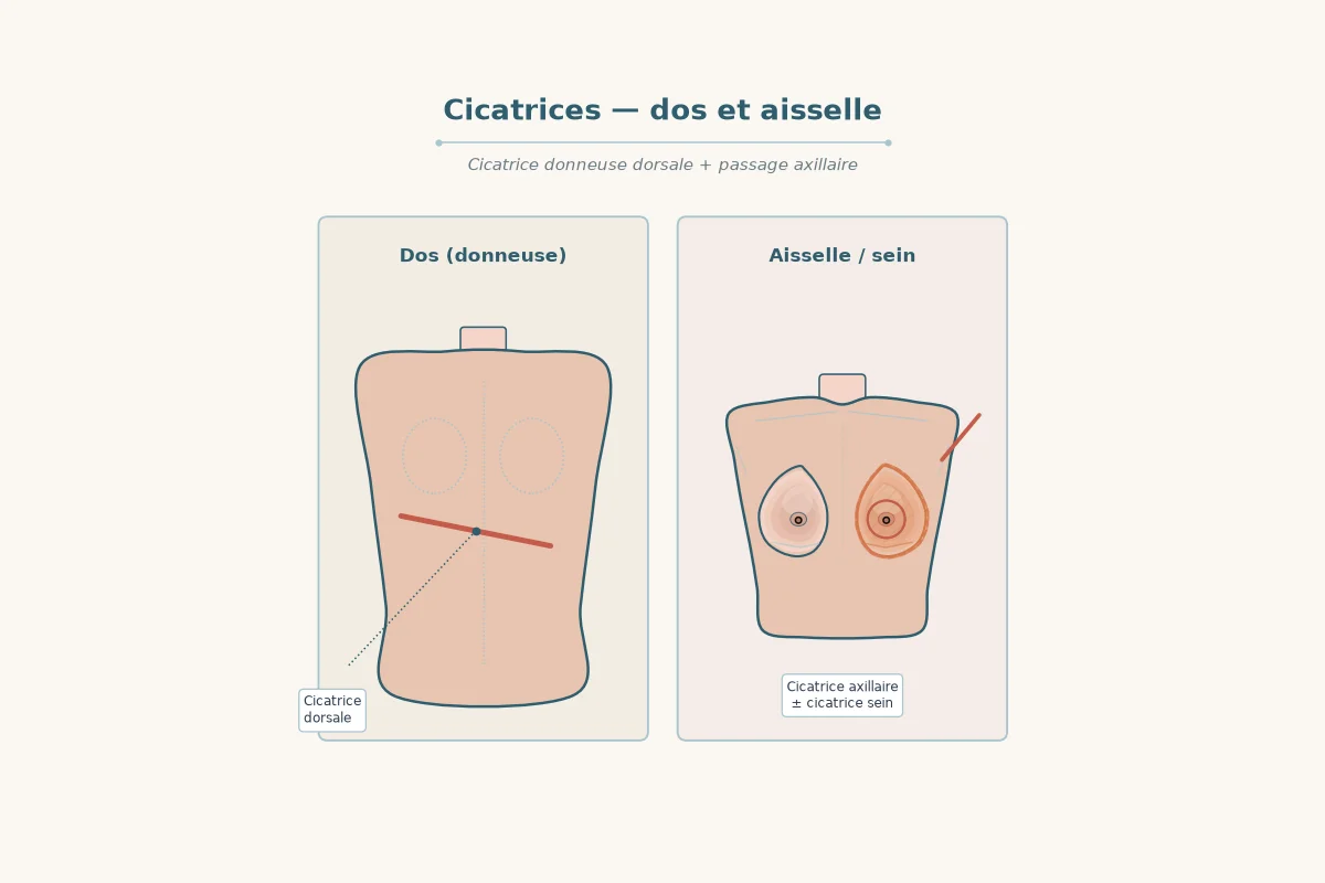 Diagram of scars on the back and at the armpit