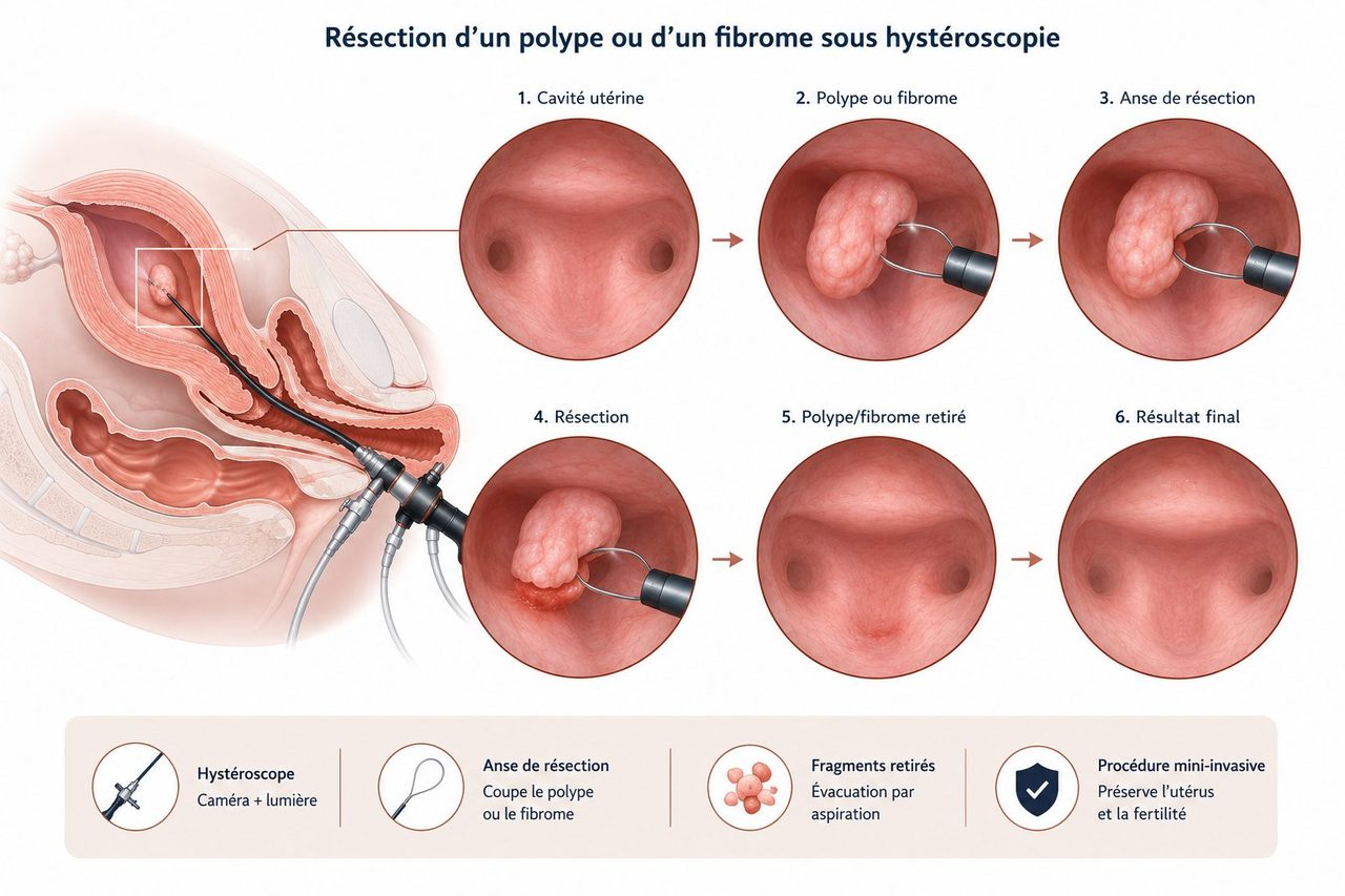 Résection d'un polype par hystéroscopie opératoire — geste réalisé sous contrôle visuel direct