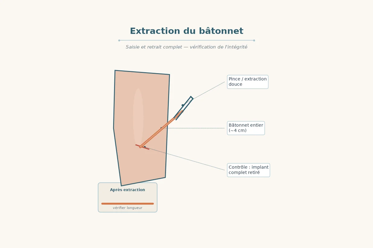 Schéma de l'extraction du bâtonnet et du contrôle qu'il est entier