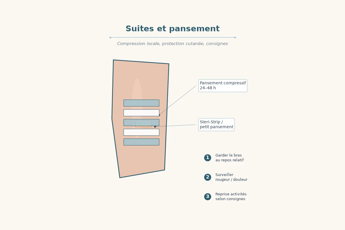 Schéma du pansement sur le bras après le retrait du bâtonnet