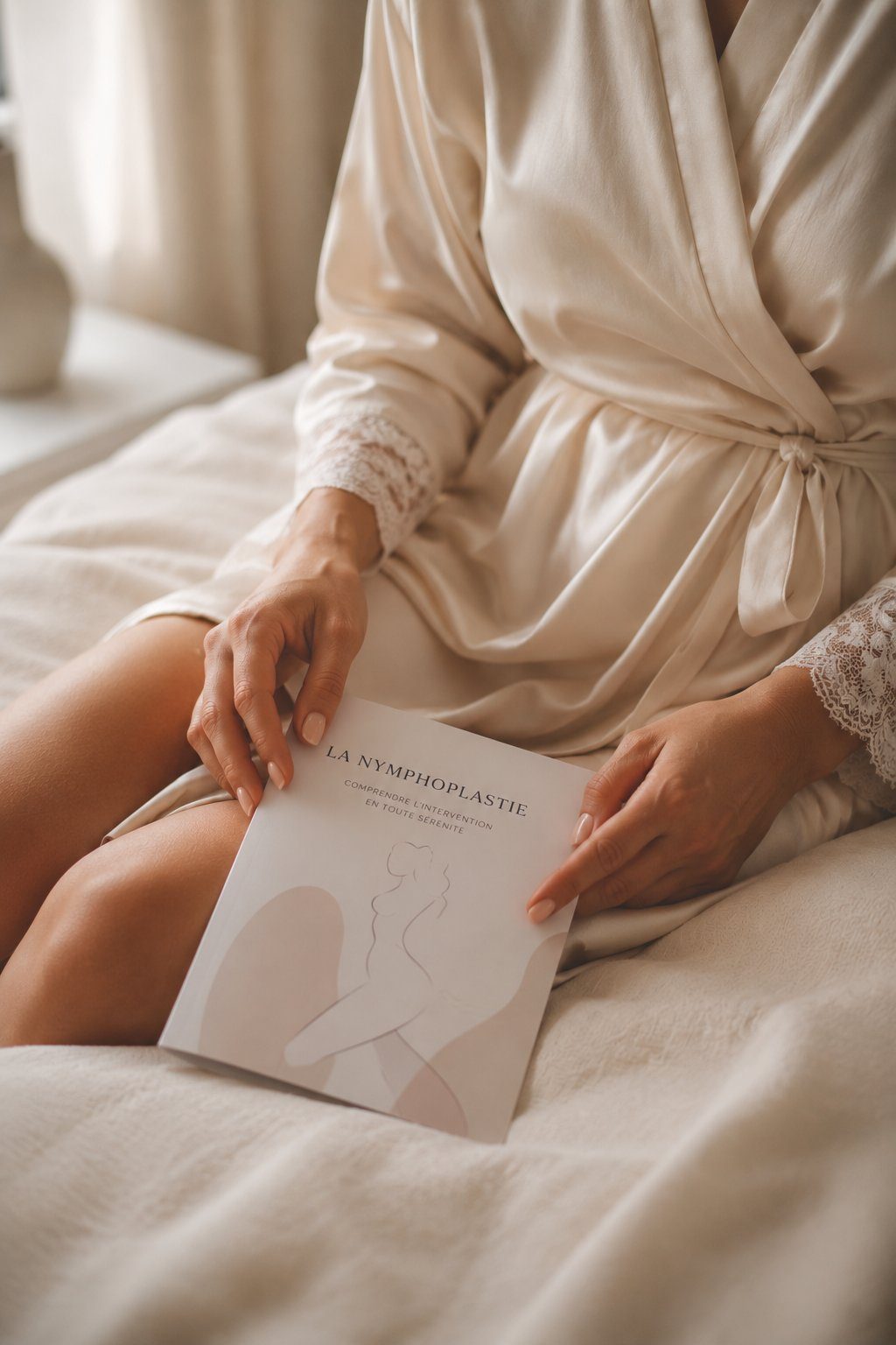 Femme en robe de chambre lisant un document d'information patiente sur la nymphoplastie — réflexion personnelle avant décision