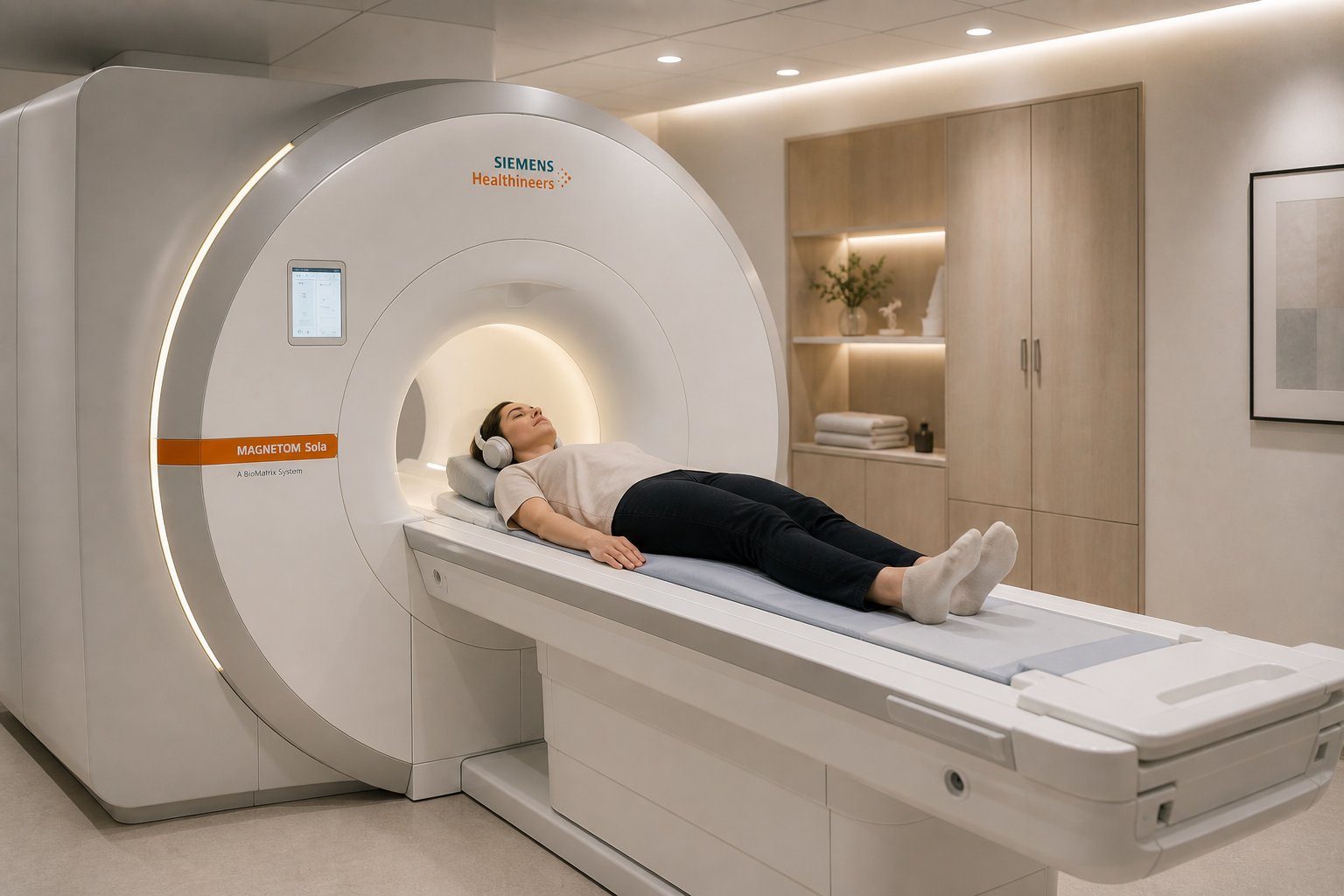 Vestiaire d'un centre d'imagerie — chemise médicale et préparation avant l'IRM mammaire