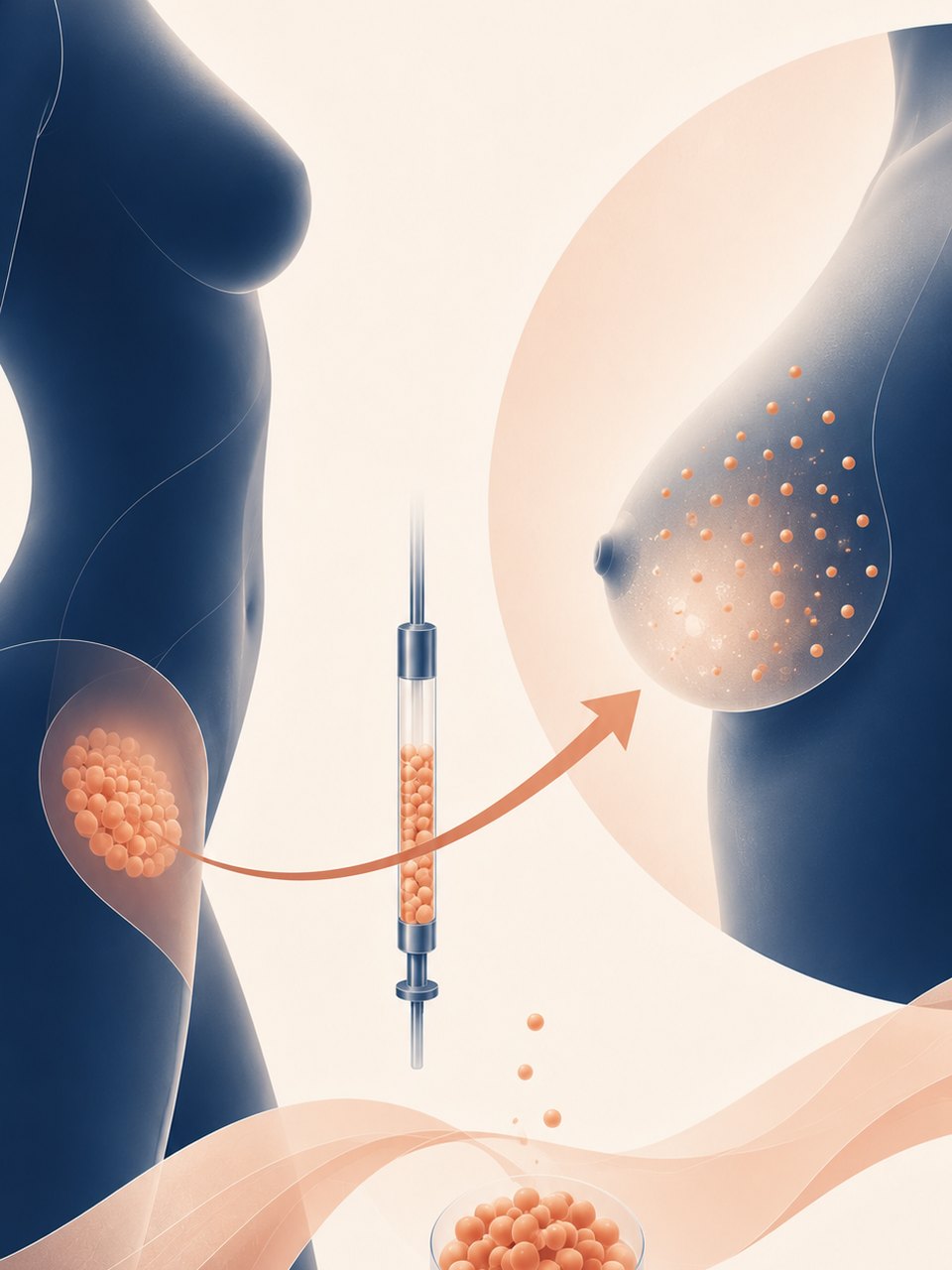 Principe du lipofilling mammaire : lipoaspiration des cuisses ou de l'abdomen, purification par centrifugation, réinjection au sein en micro-canules — Dr Jérémie Zeitoun Paris