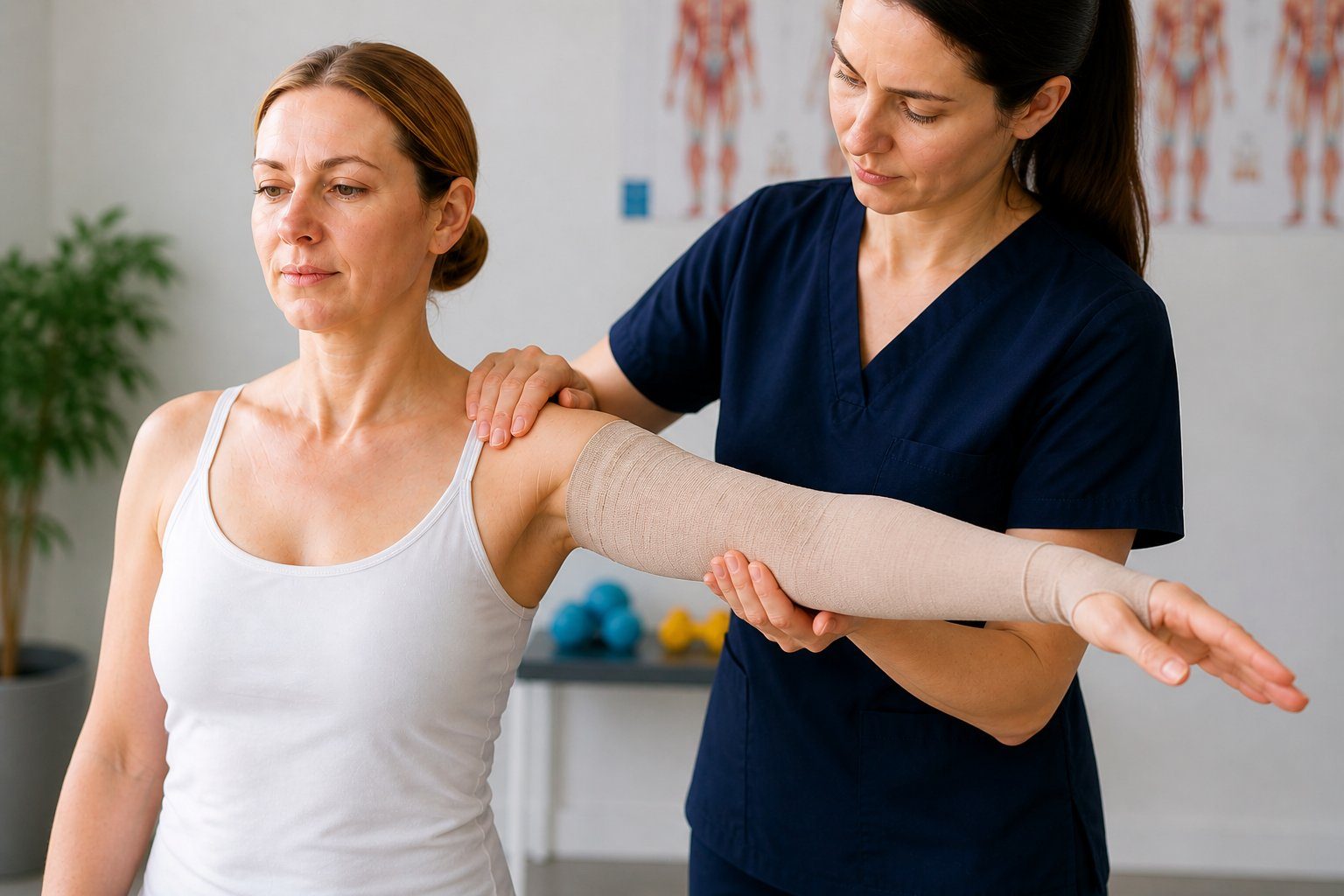 Multilayer therapeutic bandage application by a specialised physiotherapist — intensive lymphoedema care in day hospital at Cognacq-Jay Hospital Paris 15th, French national reference centre