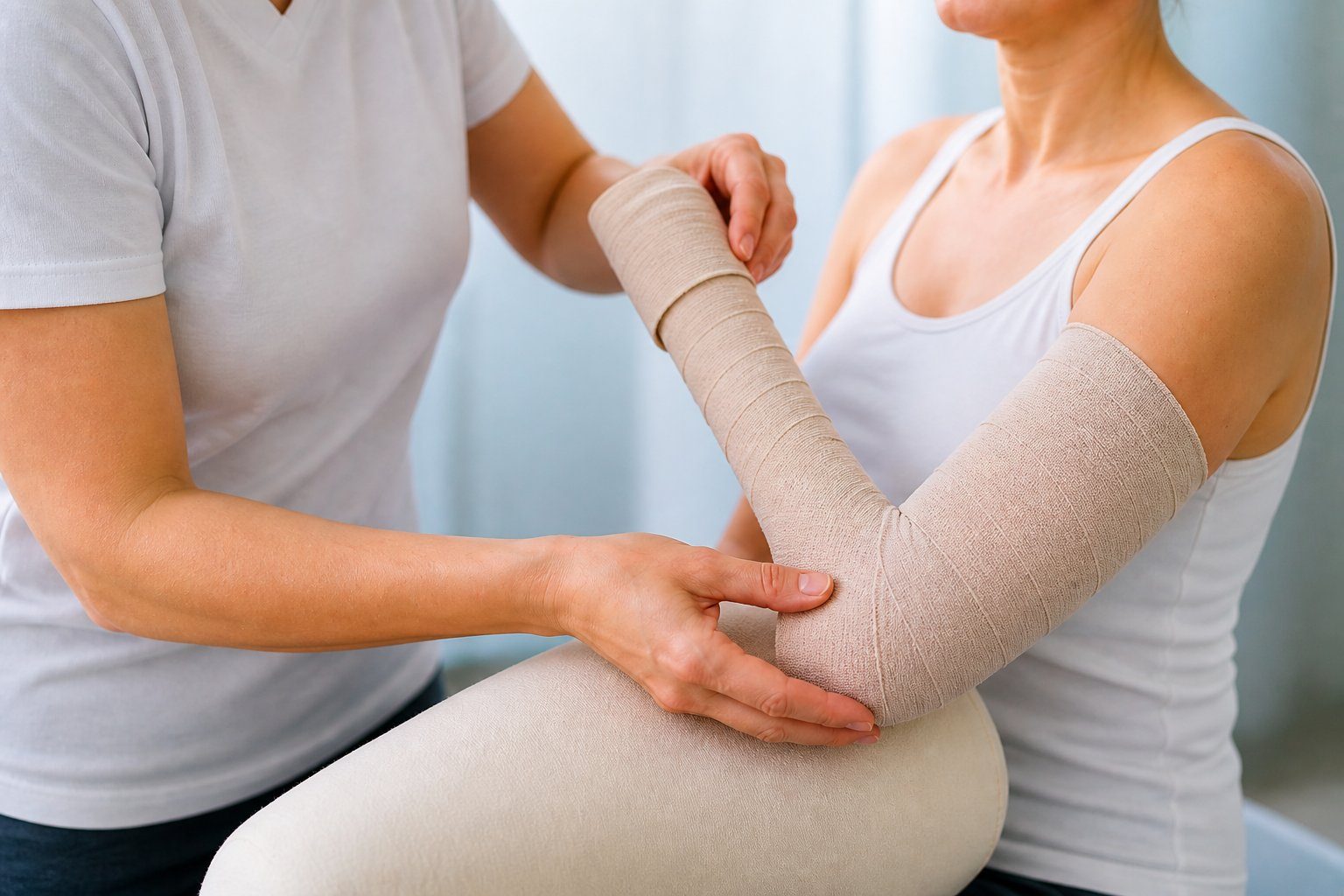 Therapeutic compression sleeve worn daily — long-term arm circulatory support after axillary surgery, lymphoedema prevention and maintenance, Dr Jérémie Zeitoun breast surgical oncologist Paris