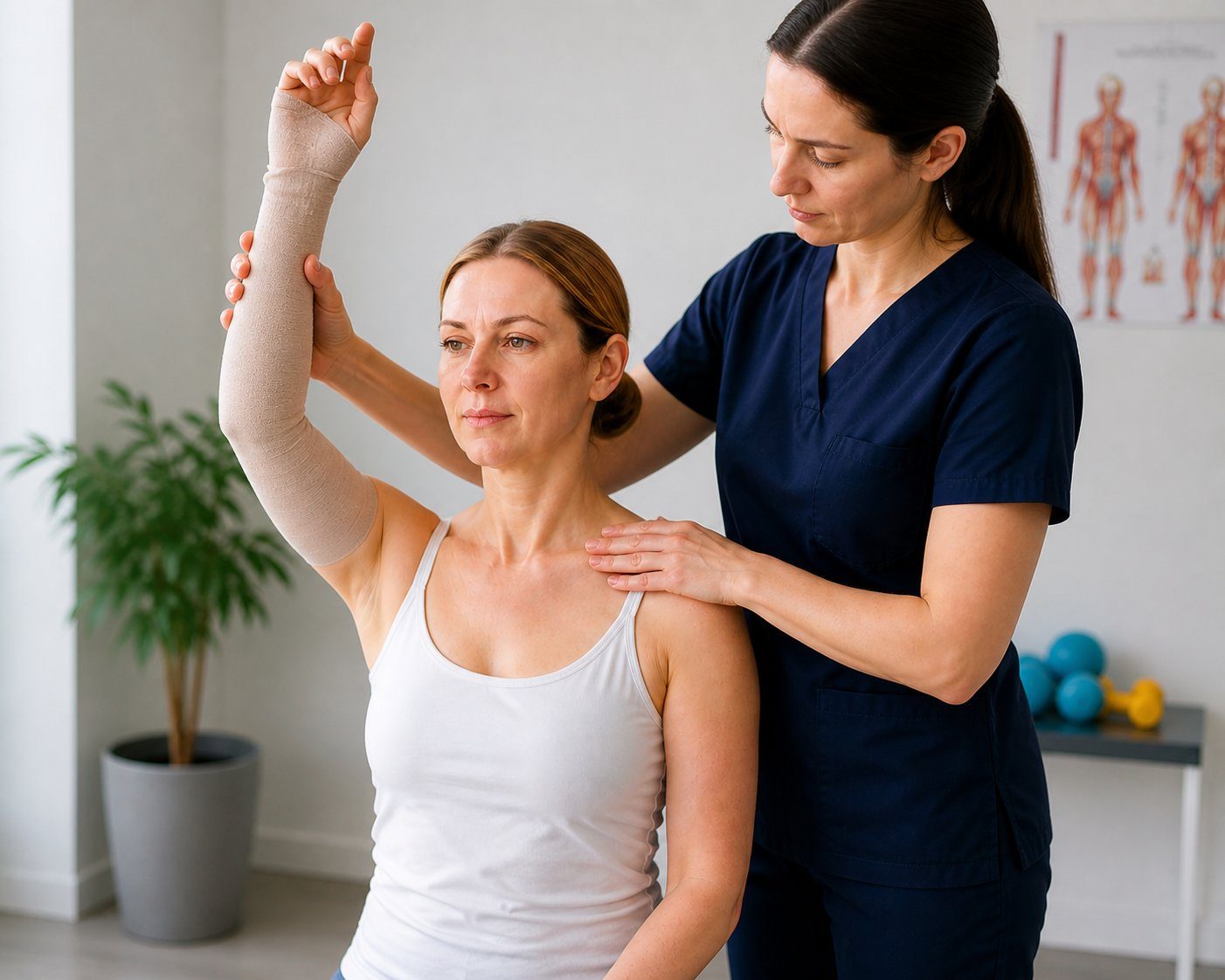 Early shoulder mobilisation by a specialised physiotherapist — rehabilitation after axillary surgery for breast cancer, lymphoedema prevention, Dr Jérémie Zeitoun breast surgical oncologist Paris 8 Clinique Hartmann