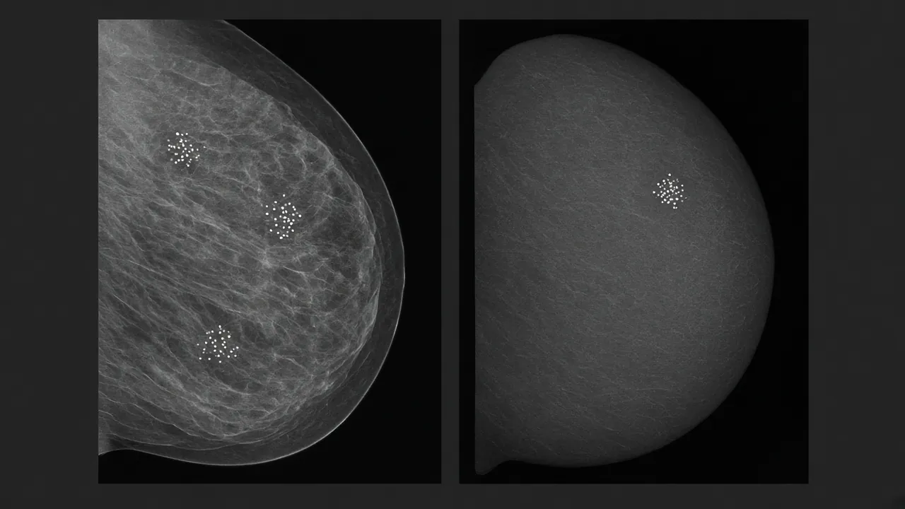 One cluster versus several clusters of microcalcifications.