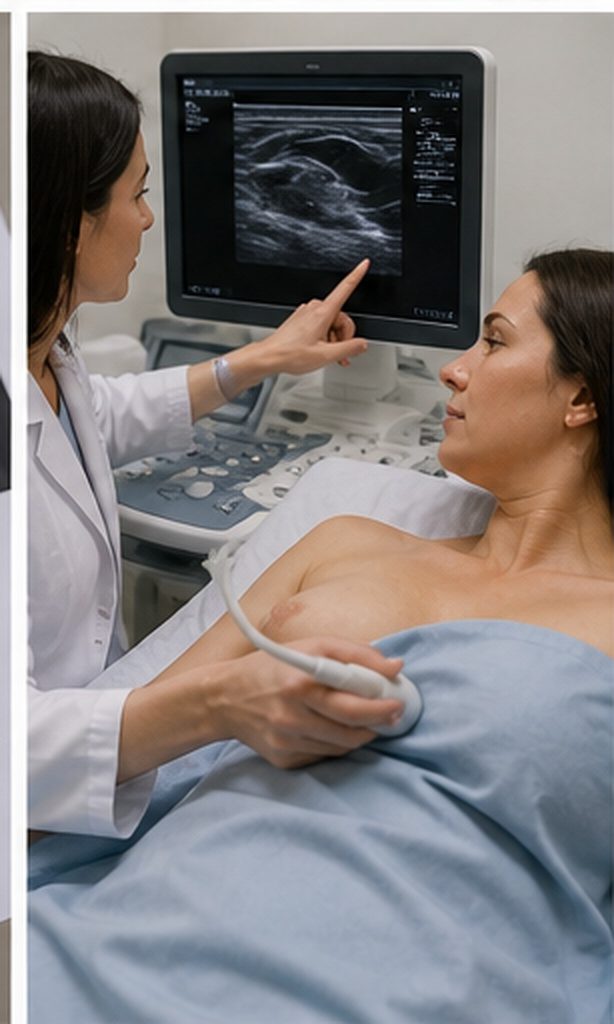 Consultation médicale après mammographie — médecin expliquant les résultats à sa patiente devant l'écran, suivi Dr Jérémie Zeitoun chirurgien sénologue Paris 8e Clinique Hartmann Neuilly