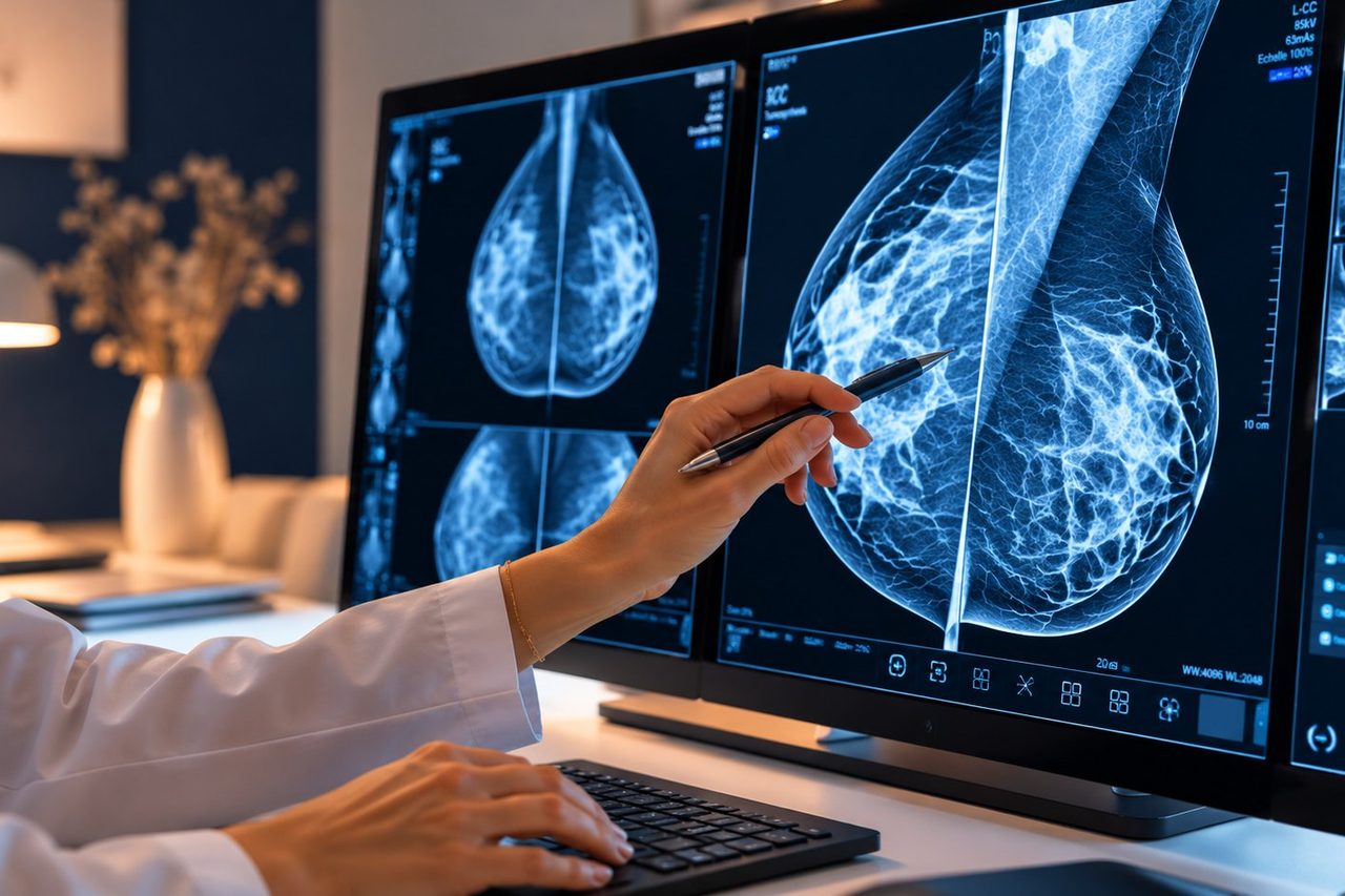 Radiologue analysant une mammographie sur écran pour attribuer la classification ACR / BI-RADS