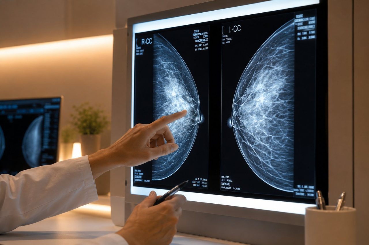 Mammogram films on a viewbox, with no hand in the frame: PALB2 risk figures are read next to the imaging