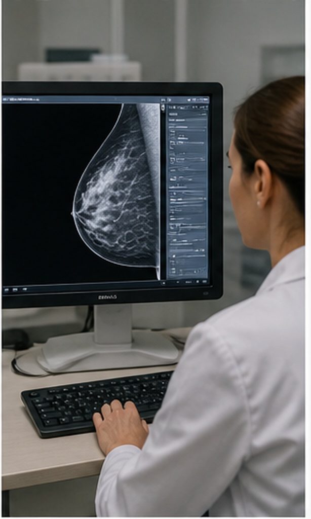 Radiologue interprétant une mammographie 3D coupe par coupe sur écran haute définition — analyse des images de tomosynthèse, suivi Dr Jérémie Zeitoun chirurgien sénologue Paris 8e Clinique Hartmann Neuilly