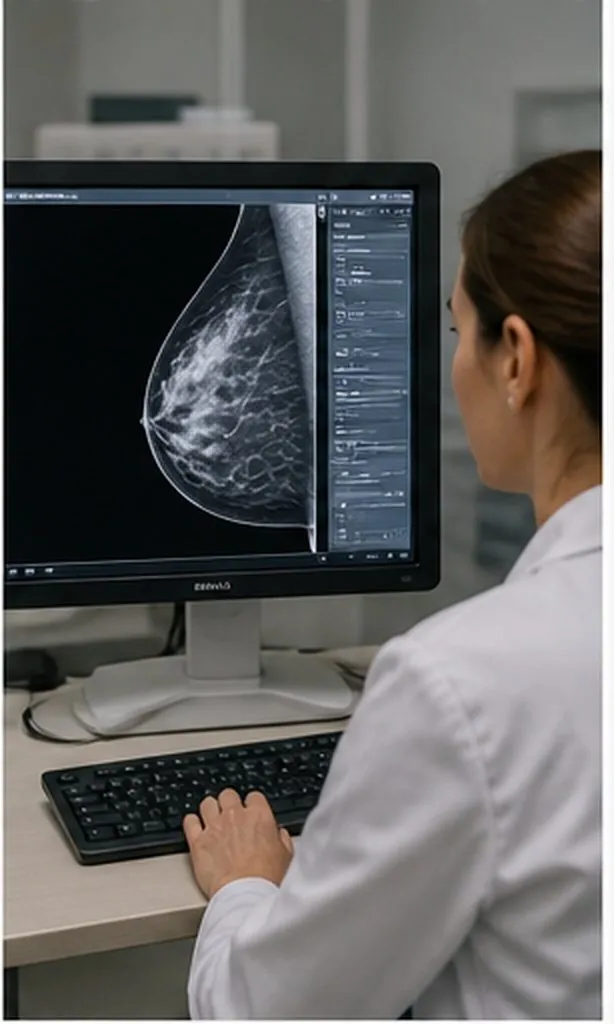 Radiologue interprétant une mammographie 3D coupe par coupe sur écran haute définition — analyse des images de tomosynthèse, suivi Dr Jérémie Zeitoun chirurgien du sein (sénologue) Paris 8e Clinique Hartmann Neuilly