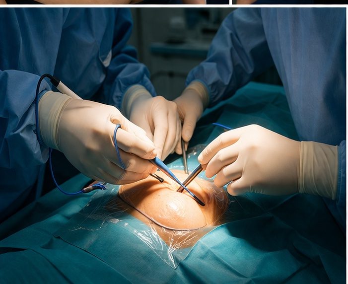 Bloc opératoire — oncoplastie en cours, geste chirurgical sur le sein avec champ stérile