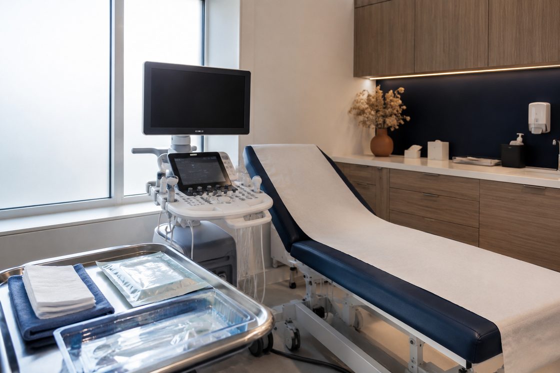 Breast radiologist reviewing a mammogram and a breast ultrasound on reporting monitors
