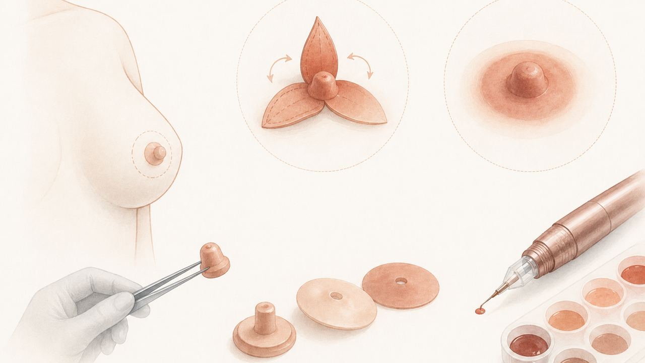 Planche illustrée des trois voies de reconstruction de la plaque aréolo-mamelonnaire : greffe du mamelon controlatéral, lambeau trifolié, prothèse en silicone et dermopigmentation au dermographe