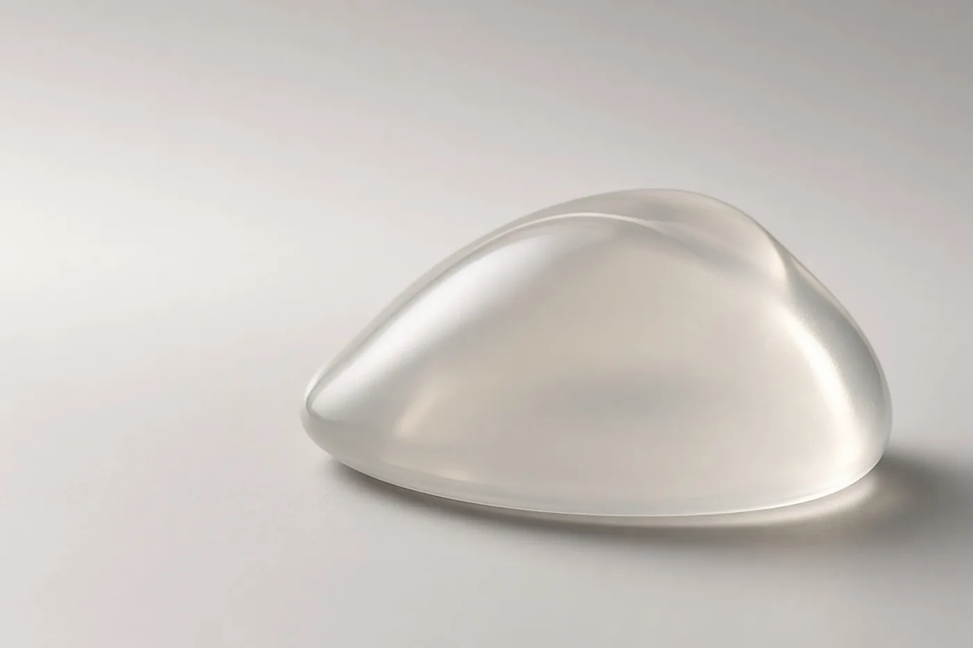 Implant mammaire en silicone posé seul sur un fond neutre