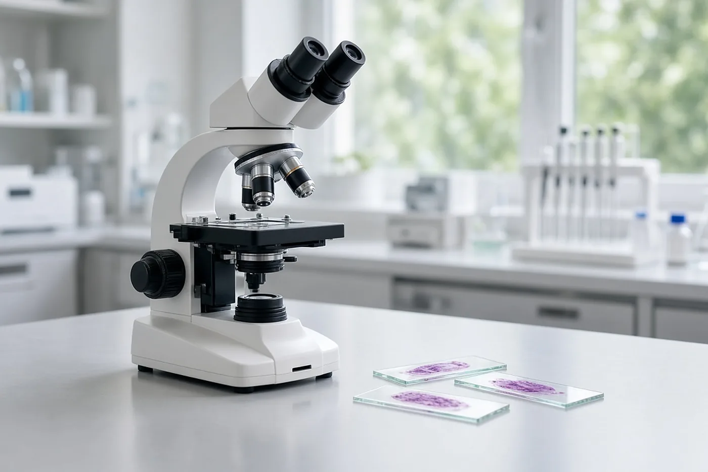 Microscope et lames d'histologie sur la paillasse d'un laboratoire d'anatomopathologie.