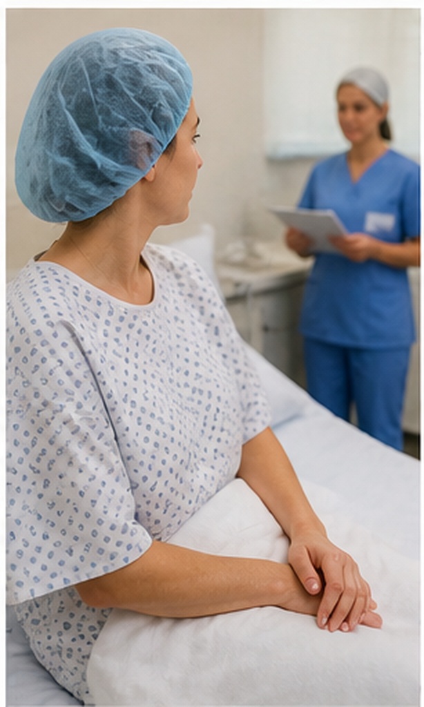 Patiente arrivant à l'accueil admissions de la clinique avec son sac le jour de l'intervention — Clinique Hartmann Neuilly-sur-Seine, Dr Jérémie Zeitoun chirurgien sénologue Paris 8e