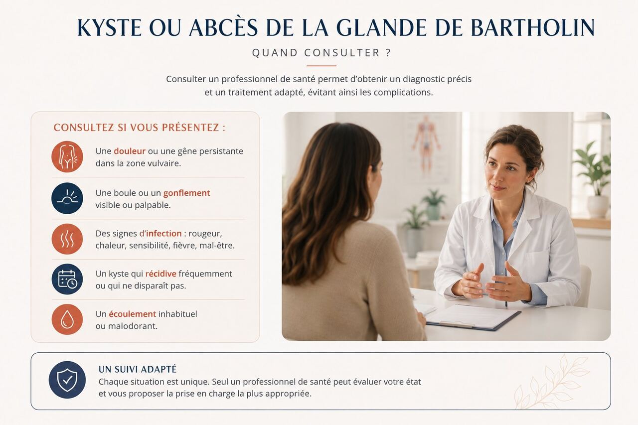 Infographie : kyste ou abcès de la glande de Bartholin — quand consulter